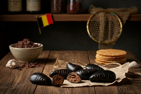 Moules en chocolat au lait fourrées au praliné, éclats de crêpes dente